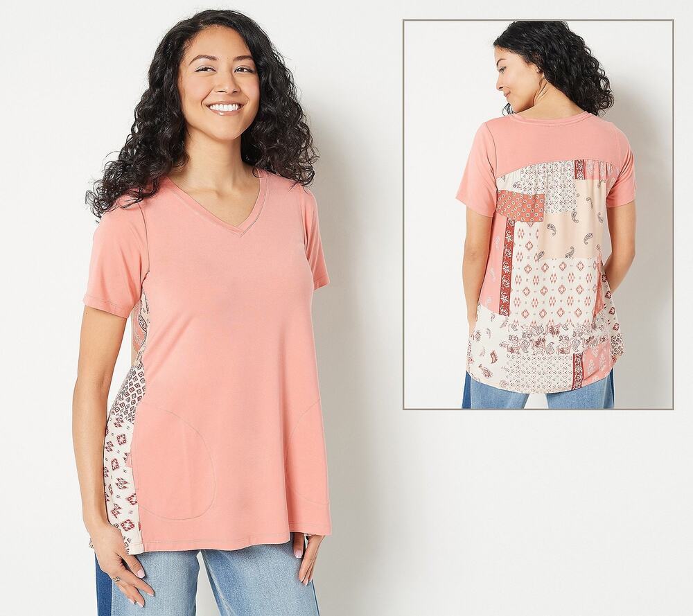 Logo Lori Goldstein Top XS Pink Rayon 230 Mixed Media Patchwork Pockets Tunic